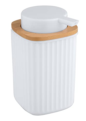 WENKO Dispensador de jabón Rotello, dosificador recargable, capacidad de 250 ml, fabricado con plástico de calidad y detalles de bambú, apto para lavavajillas, 8,9 x 12,7 x 7,5 cm, blanco/natural