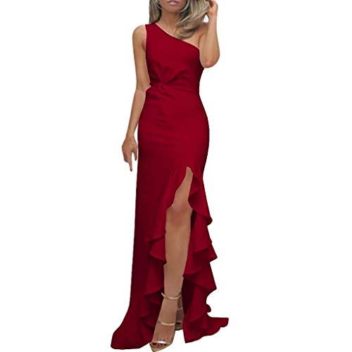 SHOBDW Vestidos Mujer Día De San Valentín Presente SóLido Un Hombro Vestido De Fiesta De Noche Formal Elegante con Pliegues Altos con Volantes De Hendidura Elegante Maxi Vestidos Largos(Rojo,L)