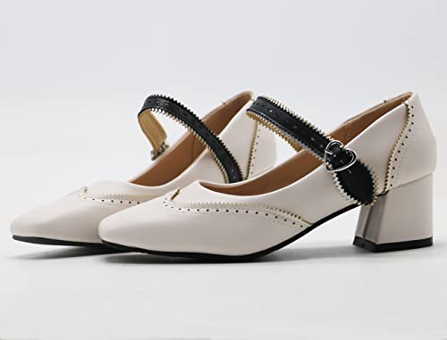 EveKitty Mujer Zapatos de tacón de Bloque Zapatos Mary Jane Zapatos de Primavera con Punta Cerrada Zapatos de Boda con Hebilla Beige Talla 38 Asiática