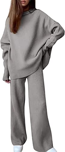 Las Mujeres Elegantes Traje de Punto suéter de Cuello Alto + Pantalones de Dos Piezas de Punto Conjunto de Entrenamiento Deportivo suéter de Cuello Alto Pantalones de Pierna (Gris,S)