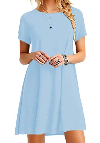 YMING Camiseta De Manga Corta con Cuello Redondo para Mujer Mini Vestido Casual Túnica Tops Vestido Holgado con Vuelo Vestido Azul Cielo XL