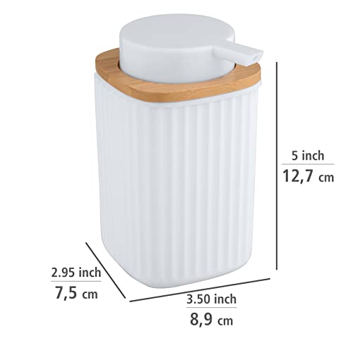 WENKO Dispensador de jabón Rotello, dosificador recargable, capacidad de 250 ml, fabricado con plástico de calidad y detalles de bambú, apto para lavavajillas, 8,9 x 12,7 x 7,5 cm, blanco/natural