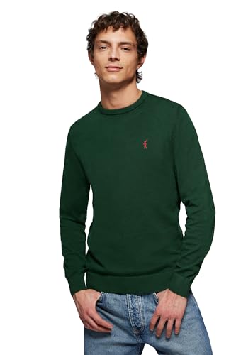 Polo Club Jersey Básico Verde Botella con Cuello Redondo Hombre - Suéter 100% Algodón con Logo Bordado