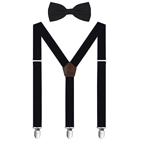 FETARCH Tirantes para hombre ancho 2,5 cm en forma de Y, elásticos y ajustables tirantes con pajarita Negro
