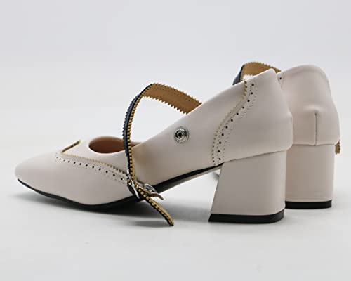 EveKitty Mujer Zapatos de tacón de Bloque Zapatos Mary Jane Zapatos de Primavera con Punta Cerrada Zapatos de Boda con Hebilla Beige Talla 38 Asiática