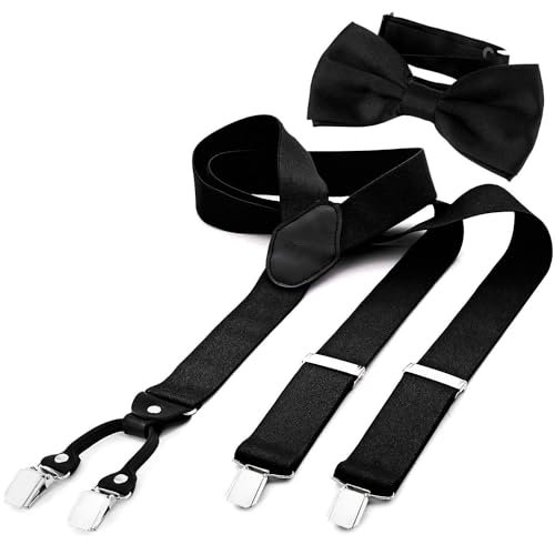 DonDon Set de tirantes y pajarita para hombre, forma de Y, ancho 3,5 cm, hecho a mano - Elegante accesorio para boda, fiesta, smoking - Negro