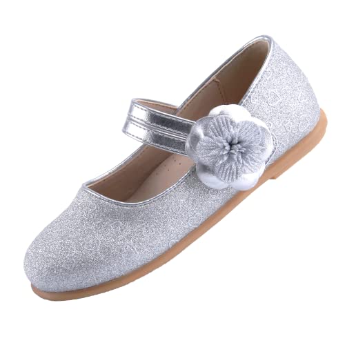 EIGHT KM Zapatos de Vestir para niñas pequeñas Mary Jane Princesa Boda Zapatillas de Ballet EKM7063 Brillantina Flor Camellia Corazón Plateado EU tamaño 28