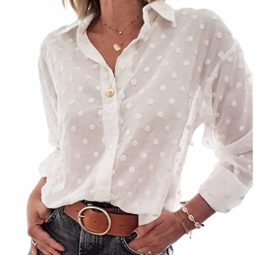 Blusa Elegante de Mujer Camisa Informal de Lunares con Manga Larga Crop Top Transparente Suelto de Malla Camisa Casual para Primavera Verano (Blanco, S)