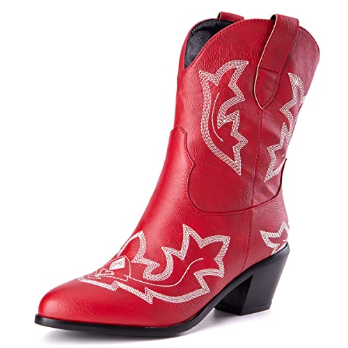 Roimaash Mujer Embroidered Botas Cowgirl Ankle High Moda Cowboy Botines Wide Calf Tacones De Bloque Pull on Puntiagudo Botas de Vaquero Red Size 34