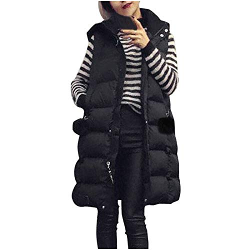 HHMY Chaleco acolchado largo para mujer: abrigo largo de invierno con capucha, sin mangas, cálido abrigo de plumón, con bolsillos, chaqueta acolchada, chaqueta de entretiempo, S - 5XL, F01-negro, XXXL