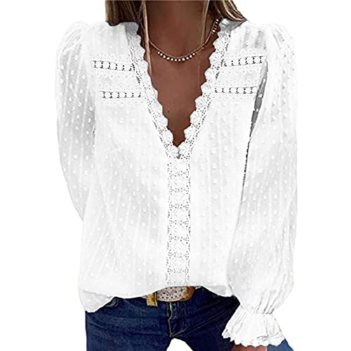 XOXSION Camiseta para mujer, moderna blusa de encaje con cuello en V, de gasa, manga larga, holgada, informal, elegante y básica, Blanco, M