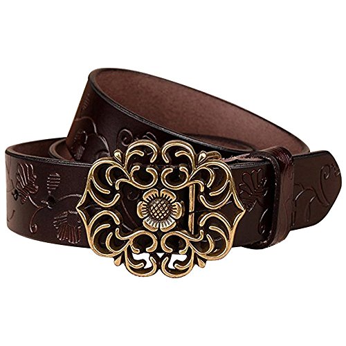NormCorer Cinturón de cuero de la hebilla de la flor del cuero genuino de las mujeres para los pantalones vaqueros (115 cm de largo, café)