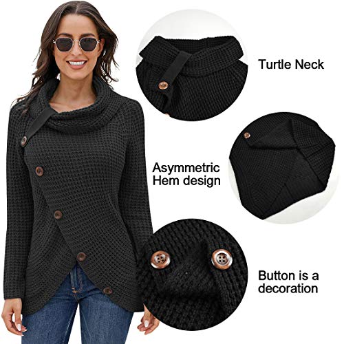 Voqeen Suéteres de Mujer Tortuga De Botón Cuello Vuelto Asimétrico Dobladillo Envoltura Tejido Gruesos de Punto Jersey