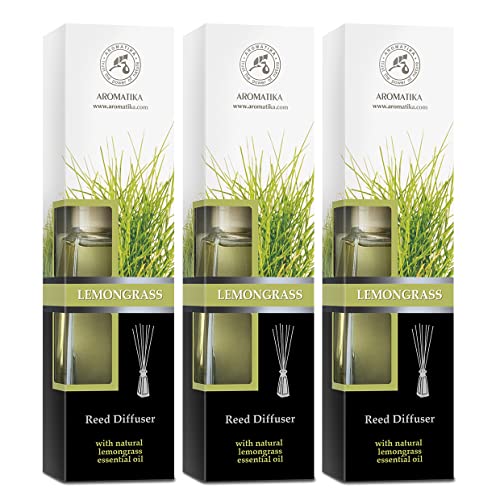 Difusor con Aceite Lemongrass Natural - Set 3 x 100ml - Intensivo - Fragancia Fresca y Larga Duración - Difusor de Caña Perfumado con 10 Palos de Bambú