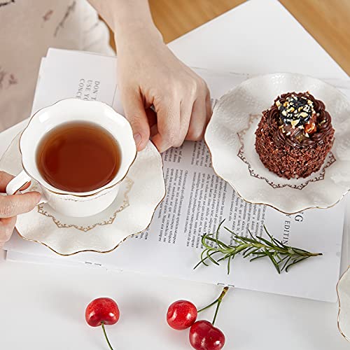 DUJUST Juego de 6 tazas y platillos de té (250 ml), taza de té o café de lujo con ribete dorado y estampado en relieve, juego para fiesta de té de porcelana real británica - blanco